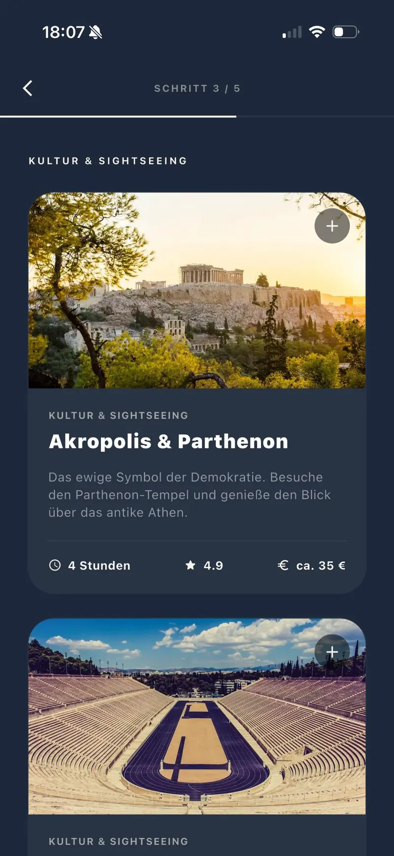 Schritt 3 von 5: Vorschlagskarte „Akropolis & Parthenon“ mit Beschreibung, Dauer von 4 Stunden, Bewertung 4,9 und Preisangabe.