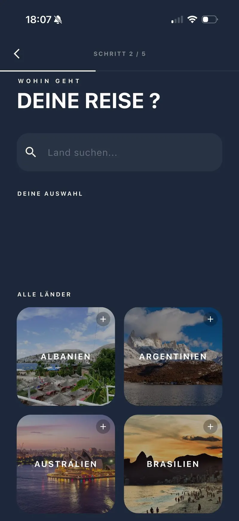 Schritt 2 von 5 im Reiseplaner: Suchfeld „Land suchen“ über einer Kachelauswahl von Ländern wie Albanien, Argentinien, Australien und Brasilien.