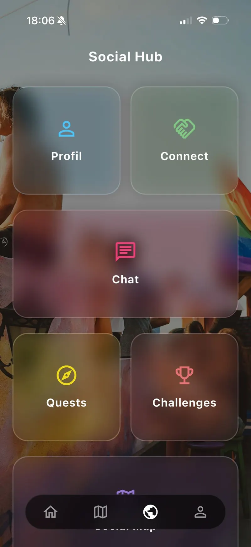 Social Hub mit Kacheln für Profil, Connect, Chat, Quests und Challenges.