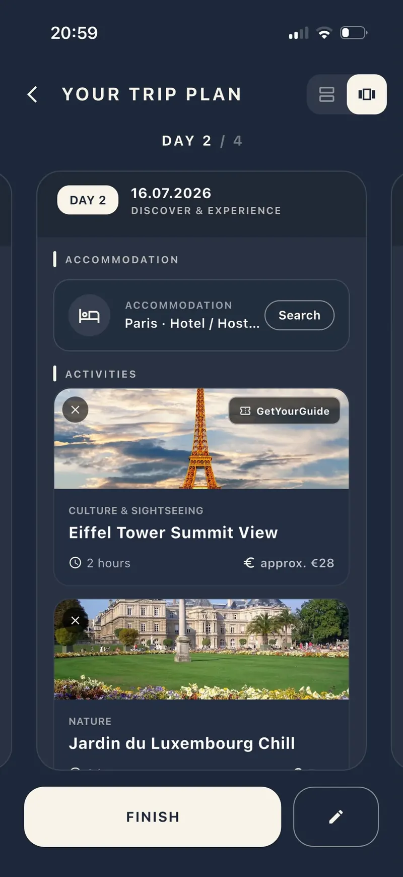 Trip plan screen showing day 2 of 4 with an accommodation slot and activity cards for the Eiffel Tower Summit View and Jardin du Luxembourg.