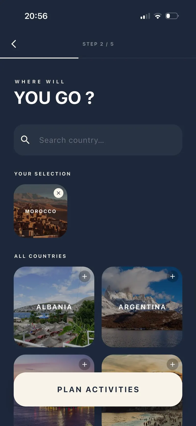 Step 2 of 5 in the trip planner: a “Search country” field above a tiled selection of countries including Albania, Argentina, Australia and Brazil.