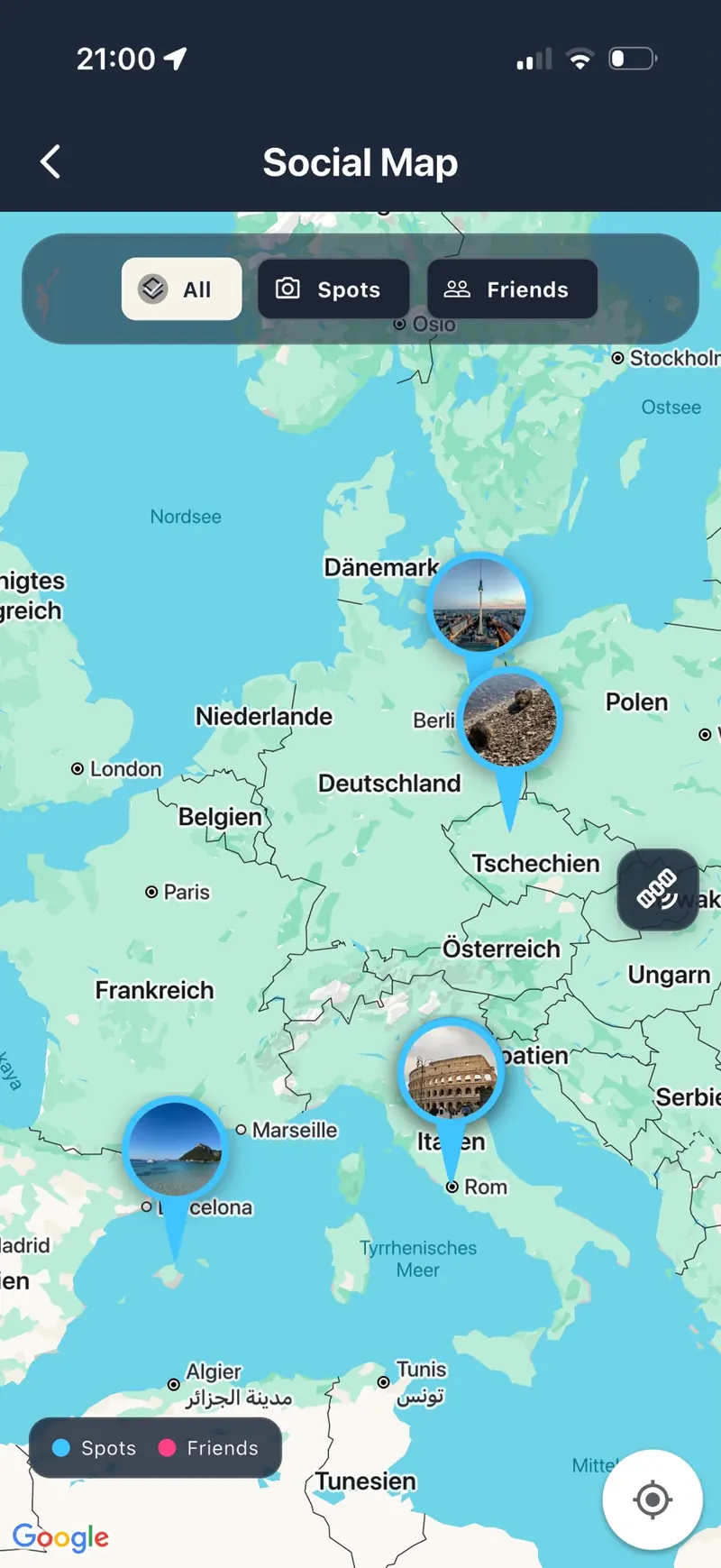 Social map of Europe with photo markers on cities and filters for spots and friends.