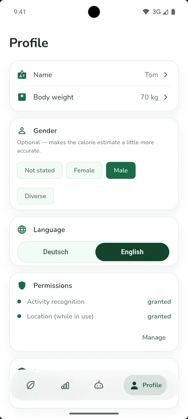Profile screen with a German/English language toggle and a list of granted permissions for activity recognition and location.